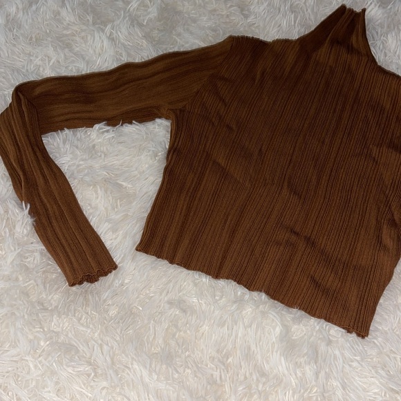 ZARA Ribbed Stretch Knit Long Sleeve High Neck Crop Top Caramel Brown - Picture 3 of 5